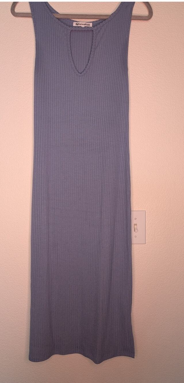 Reformation Blue Ribbed Bodycon Maxi Dress L Chic Vacation Beach Travel Slit ***